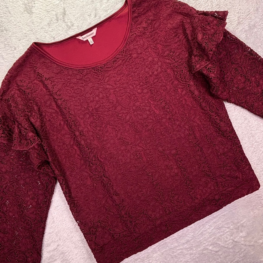 Juicy Couture Women Blouse Sz L Burgundy Lace Ruffle Shoulder Long Sleeve Top